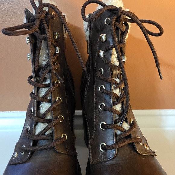 Dark Brown Faux Leather Platform Combat Boots with Shearling Trim and Block Heel - Picture 8 of 16